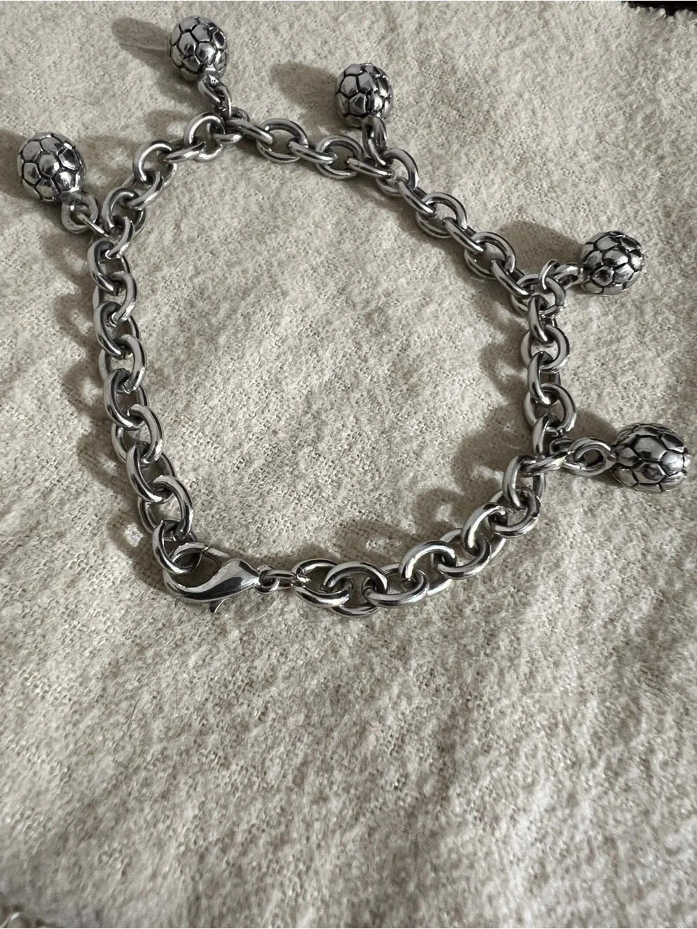 Vintage Rolo Link Stainless Steel Silver Soccer Charm Ball PendantCharm Bracelet